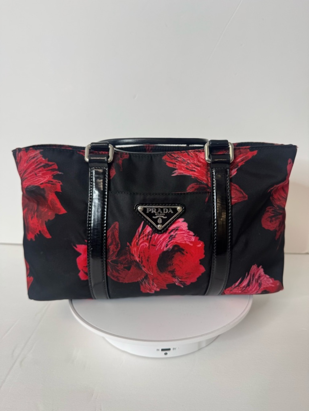 Prada Black Tote with Red Floral Print